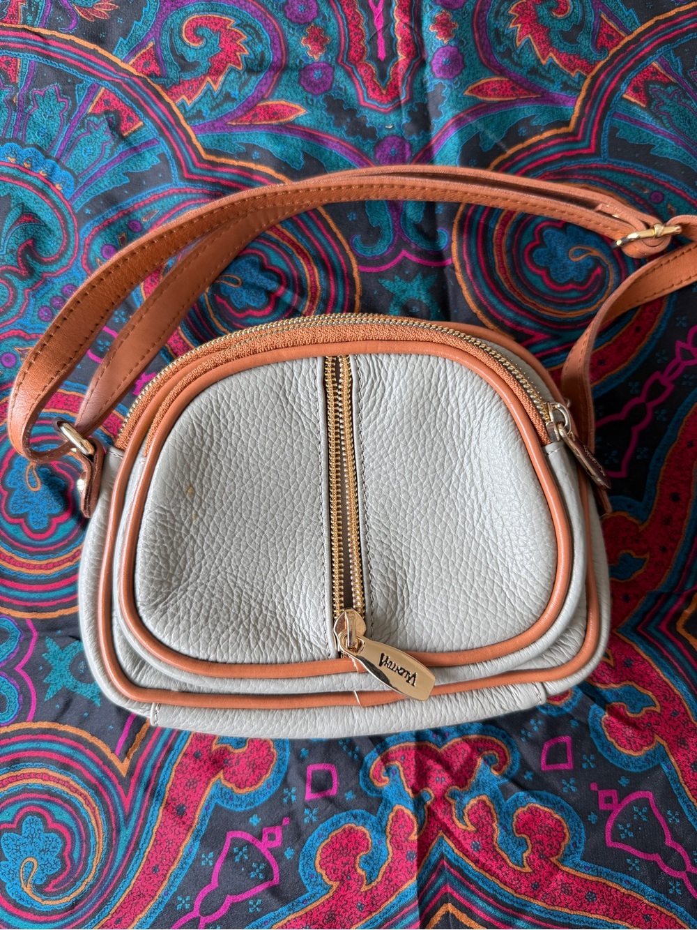 Valentina grey and Tan Leatherette Crossbody Bag with Gold Hardware